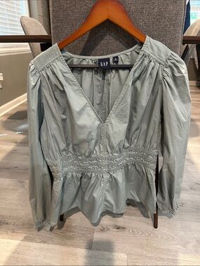 GAP Women's Sage Green V-Neck Smocked Waist Blouse